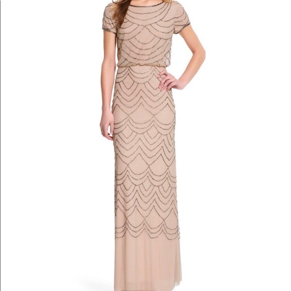 Adrianna Papell Short Sleeve Beaded Blouson Gown, Taupe Pink, Size: 8